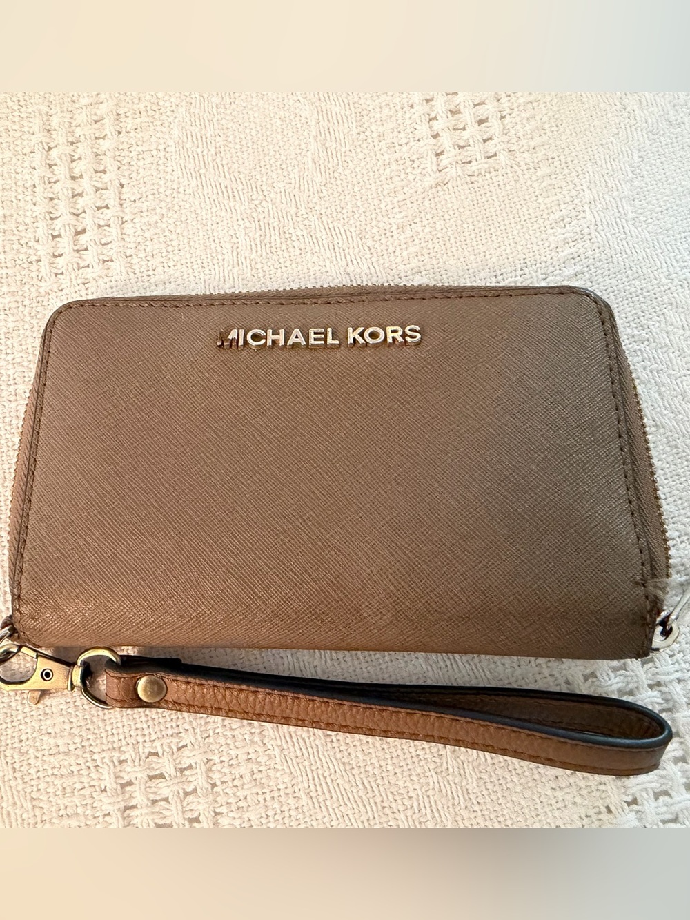 Michael Kors Taupe Saffiano Zip-Around Wristlet